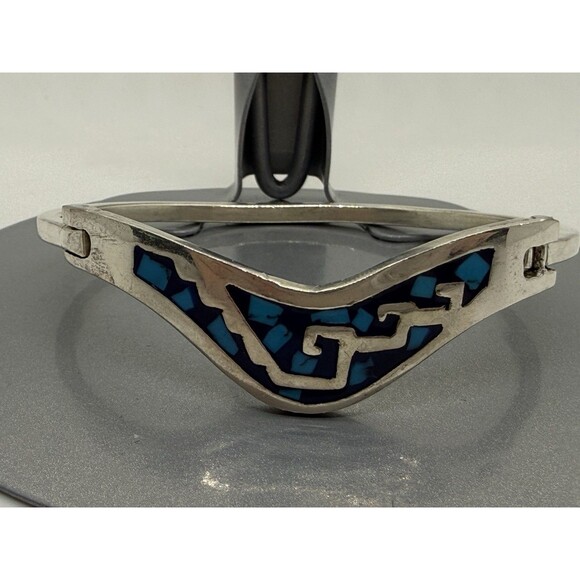 VINTAGE TAXCO MEXICO STERLING SILVER & TURQUOISE INLAY BRACELET LATCHING BANGLE - Picture 5 of 11